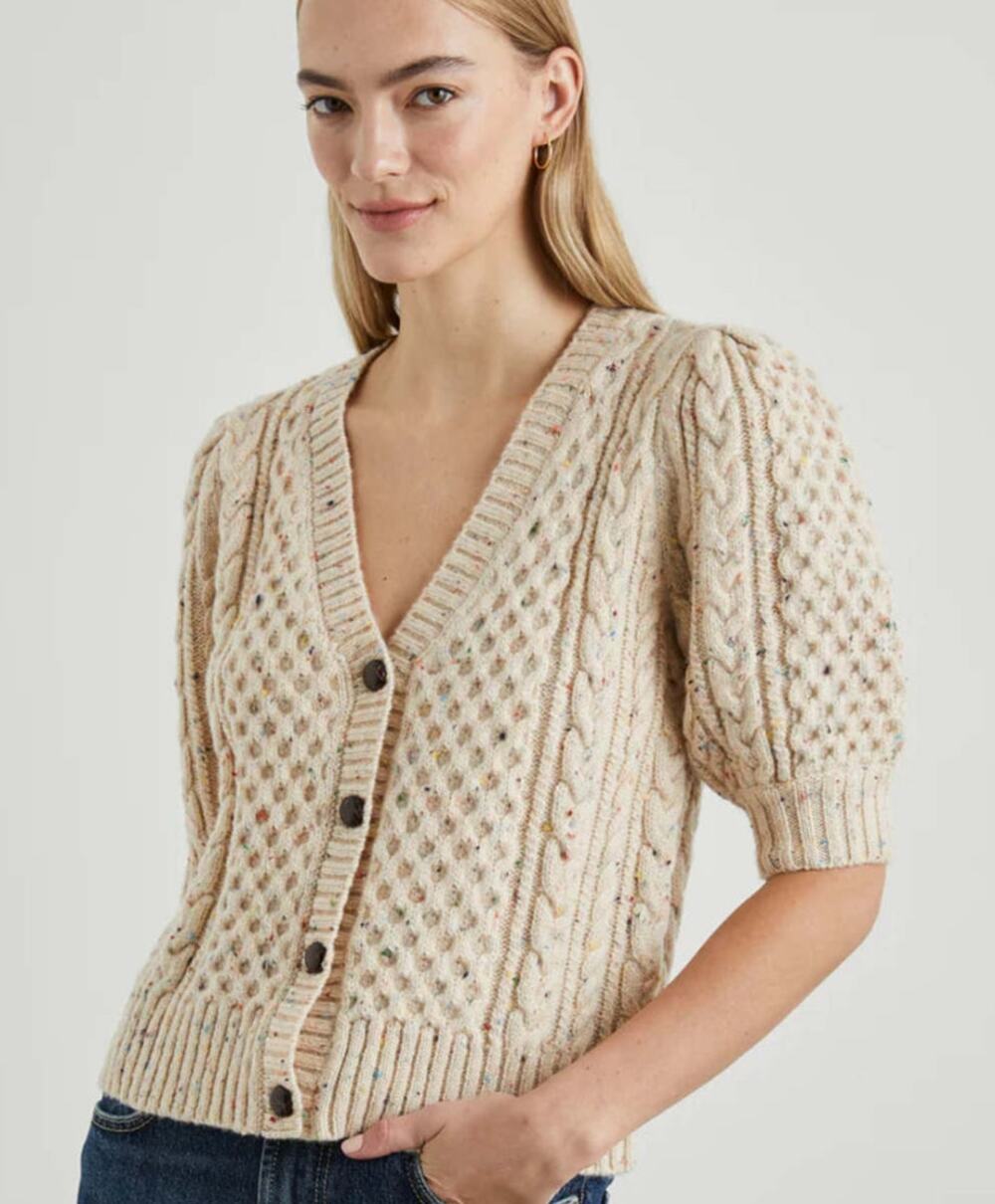 RAILS Isla Cardigan Sweater Medium Cream Confetti Short Puff Sleeve Wool Blend